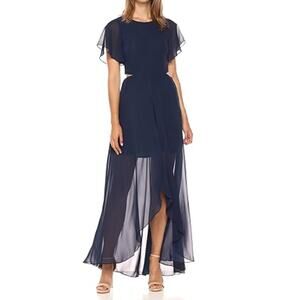 Ali & Jay Formal Flutter Sleeve Maxi Dress SZ M Navy Chiffon High-Low Formalwear